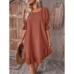 Women's Retro Cotton And Linen Mid Sleeved Round Neck Solid Color Loose Hem Dress For Summer Y2k Clothes Robe Femme Vertidos