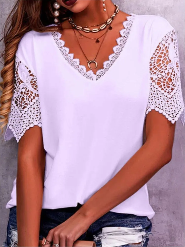 New Women's Tops With Lace Stitching Loose V-neck Short-sleeved Solid Color T-shirts Casual Commuting Daily Streetwear Blouse