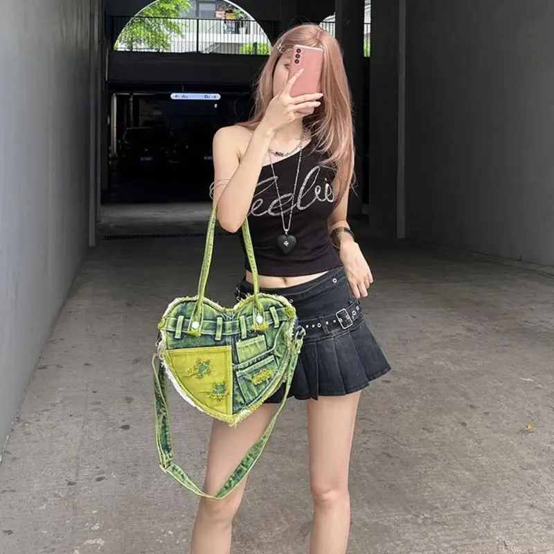 

X90D Женская сумка в форме сердца Сумка на плечо Ретро Джинсовая сумка подмышками для ежедневных путешествий