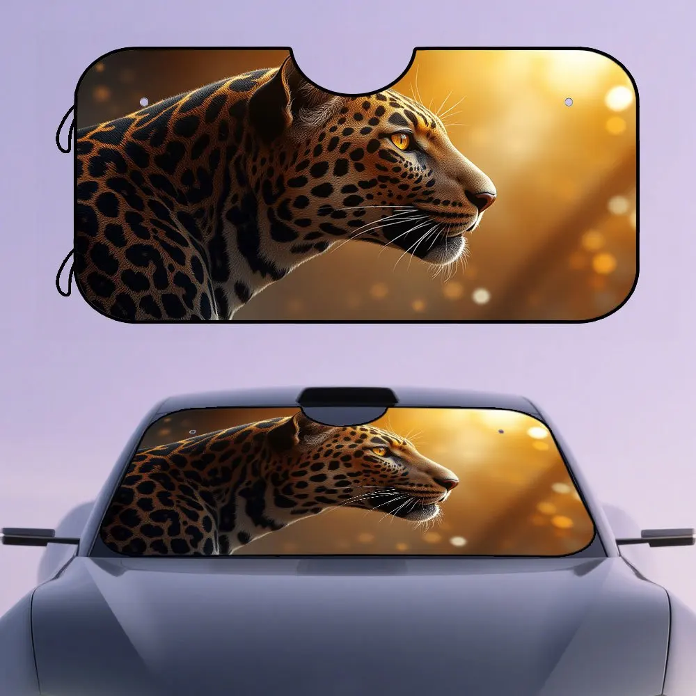 1pc, Elegant Leopard Golden Detail Design Car Front Window Sun Shade, Trendy Print For Interior Decoration, Perfect For Daily Us