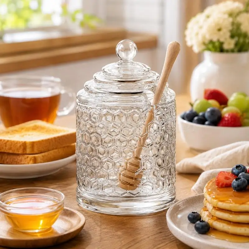 Glass Table Service Jar with Textured Finish and Lid, Fill Check Window and Rest Slot for Breakfast Serving, Corner Display and