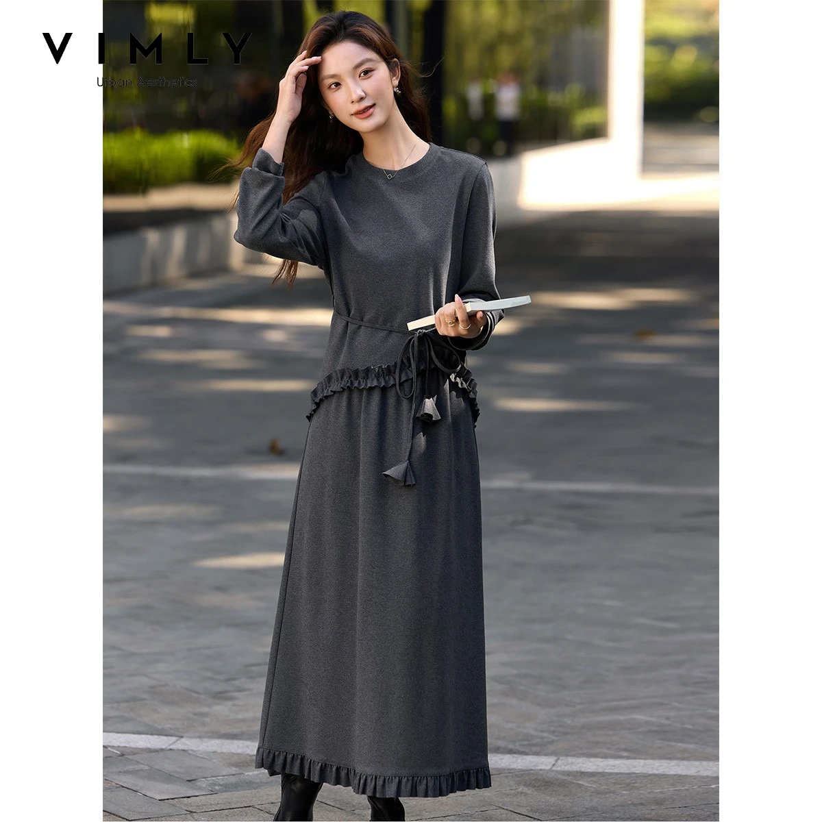 Conjunto de Dos Piezas VIMLY Gris para Mujer, Otoño 2026, Nuevo, Elegante, con Volantes, Cuello Redondo, Jersey y Falda Larga, Atuendo Combinado para Oficina, A3602