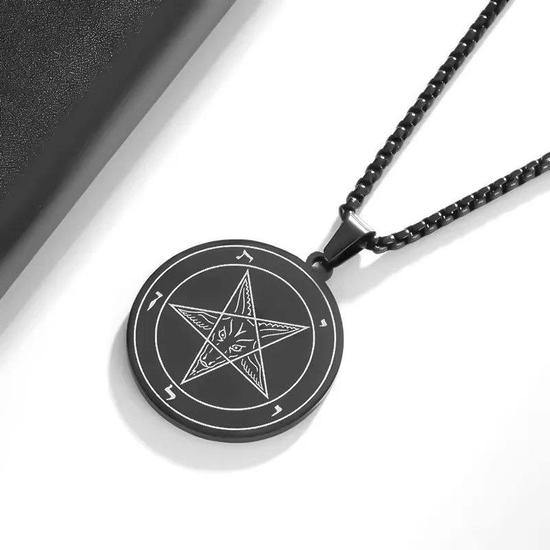 Retro Punk Stainless Steel Inverted Pentagram Round Medal Pendant Necklace for Men Devil Satan Christian Pagan Jewelry Gifts