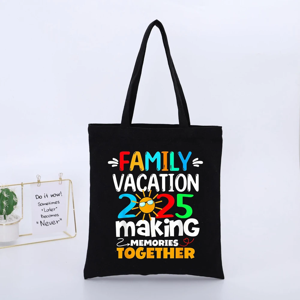 Family Vacation 2025 Slogan Print Black Canvas Tote Bag, Casual Style for Summer Outings and Memory Making