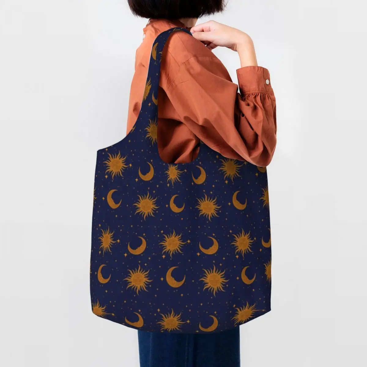 Custom Cute Print Celestial Sun And Moon Tote Shopping Bag Washable Canvas Shopper Shoulder Handbag