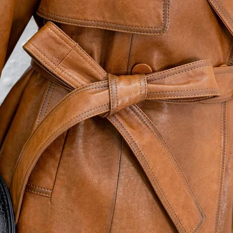Sheepskin Coat 2023 Women Black/Brown Genuine Leather Jackets Spring Autumn Korean Fashion Lapel Sashes Slim Chamarra Piel Mujer