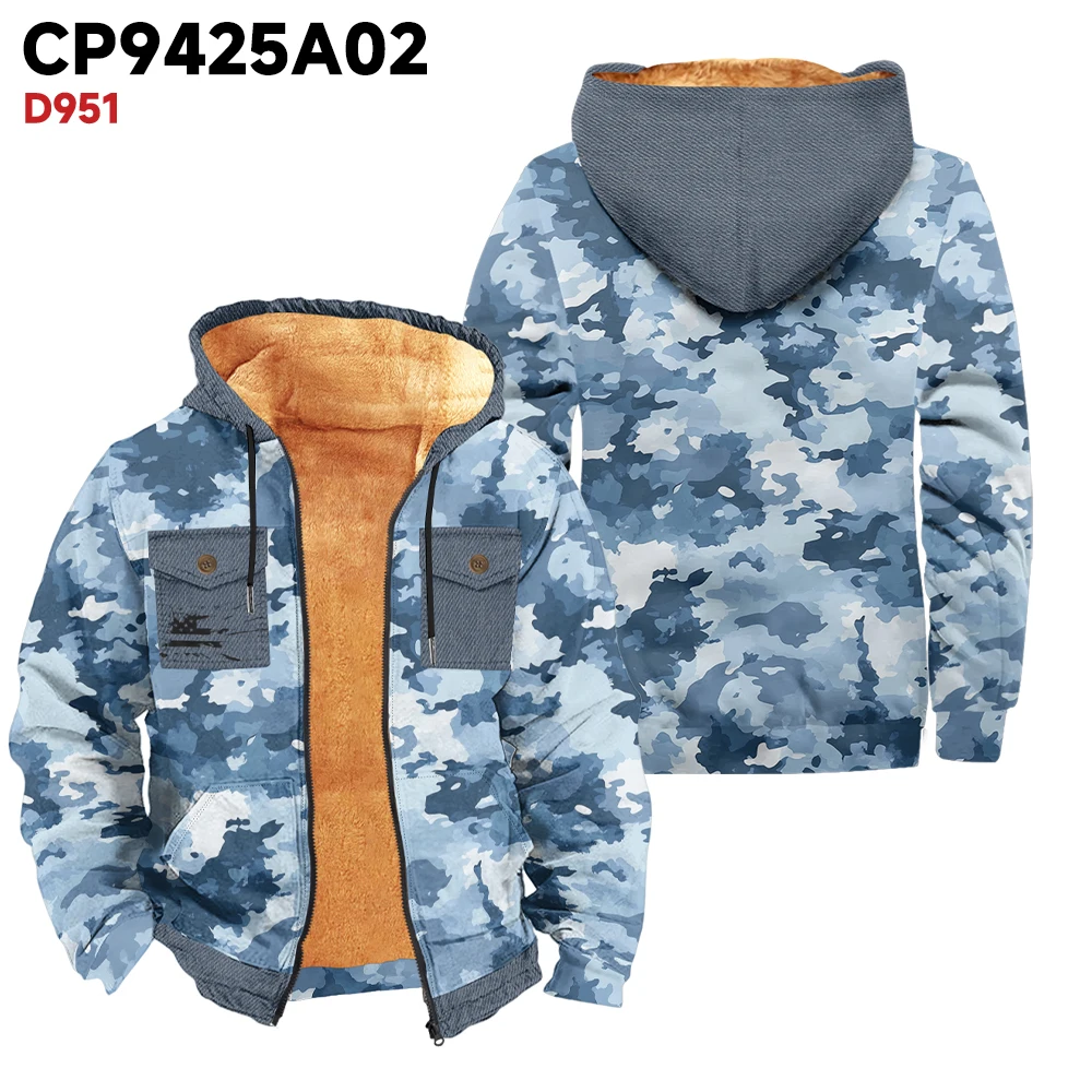 Men's outerwear winter jacket crushed ice blue camouflage print fashionable trend thick and warm essential for outdoor travel