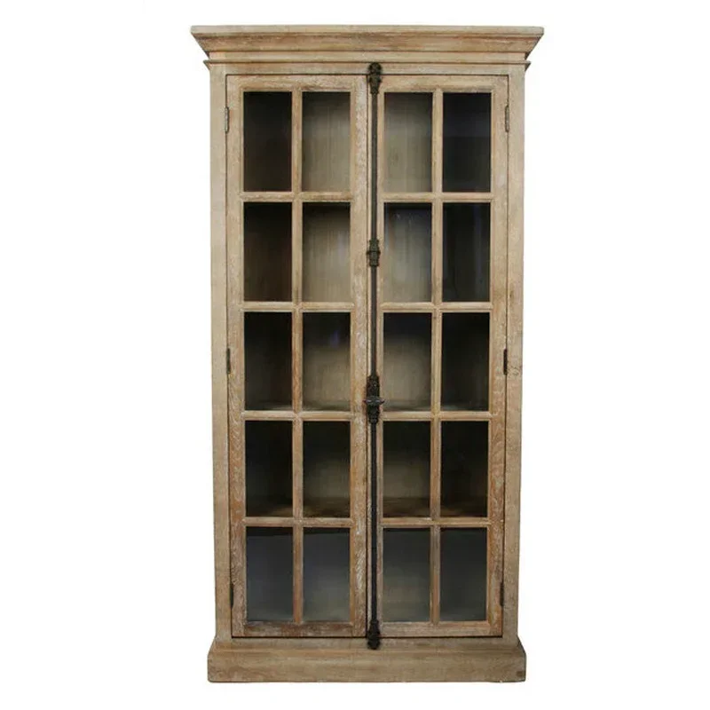 Solid wood bookcase French retro heaven and earth lock locker Villa two-door cabinet Simple glass door bookcase