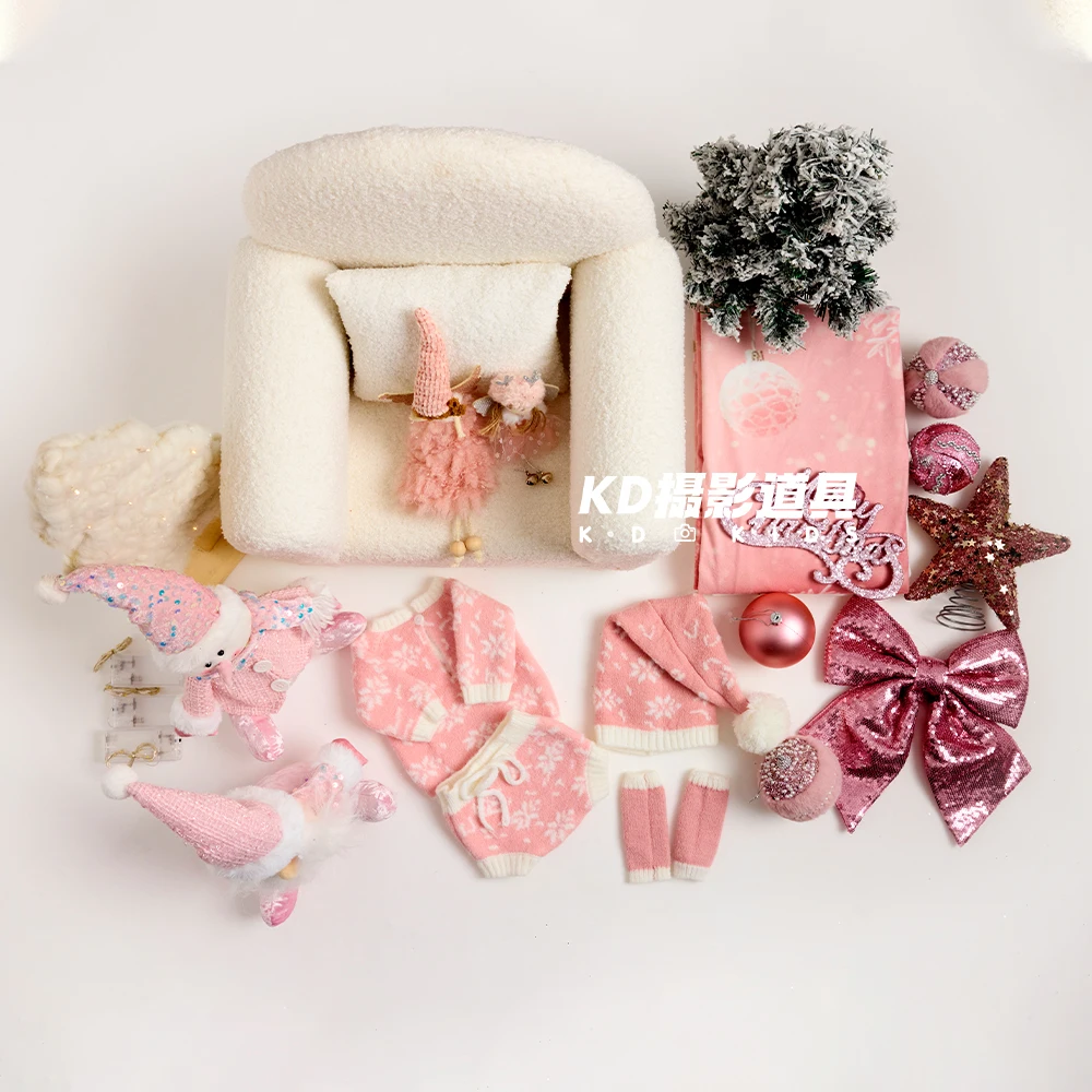 Set Alat Peraga Fotografi Bayi Baru Lahir Natal Merah Muda Kostum Bayi Rajutan Boneka Santa Alat Peraga Dekorasi Pohon Natal untuk Pemotretan Studio Foto Bayi