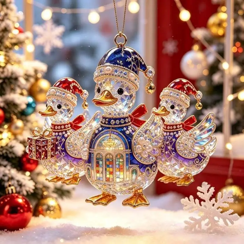 2D Flat Happy Duck Hanging Ornament Set Shining Artificial Rhinestone Animal Hanging Decoration Acrylic Simulation Keychain