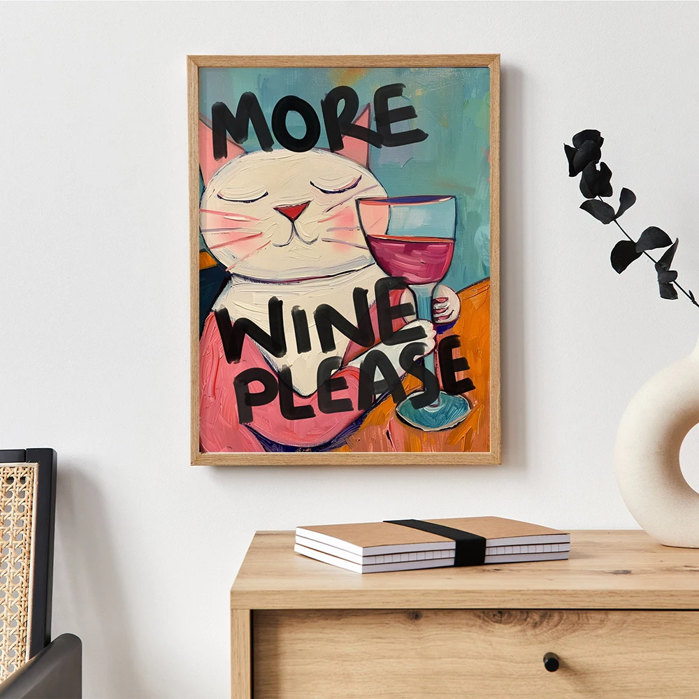 

More Wine Please Kitchen Print Fun Poster Trendy Cute Kitchen Decor Typography Cat Lover Funny Painting Dining Room Art Murals