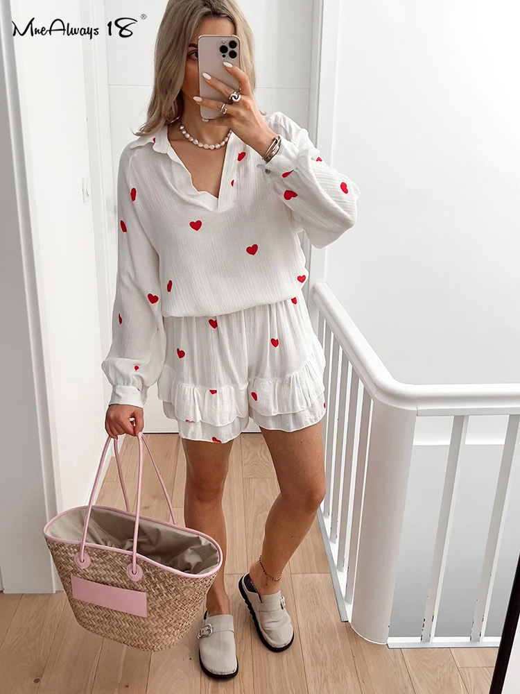 Mnealways18 V-Neck Cotton Linen Heart Printing Shorts Suits Two Pieces Women V-Neck Blouses And Ruffle Shorts Homewear 2024 Lady