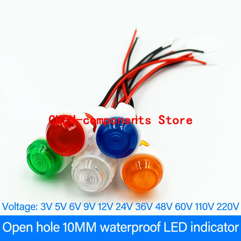 5PCS XD10-6 Waterproof LED Indicator 110V 220V Neon Working Power Signal Light Opening 10MM White Red Yellow Warm White ice blue