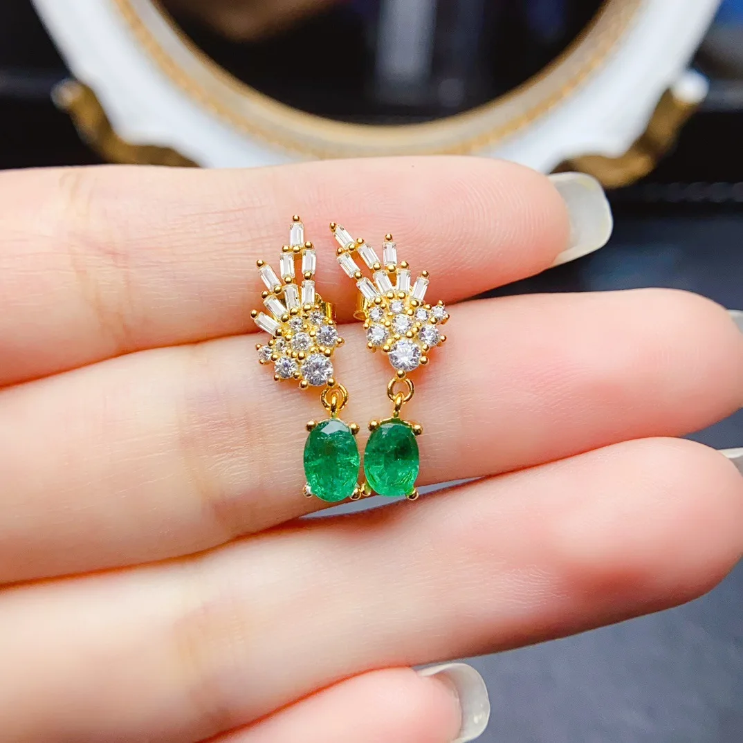

Angel Wings Natural Emerald Stud Earrings, S925 Silver Setting 4x6mm Main Stones, Elegant Gemstone Jewelry Gift for Women