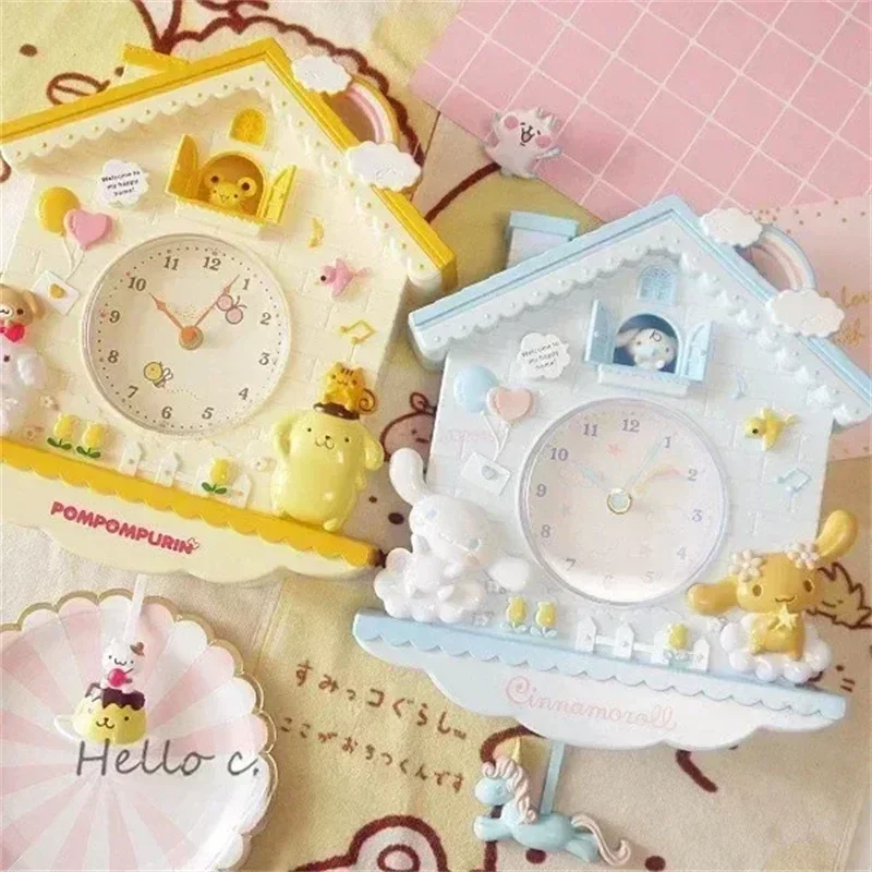 Sanrio Cinnamoroll My Melody Wall Clock Cute Pom Pom Purin Wall Hanging Swinging Bedroom Decorative Cartoon Clock Birthday Gift