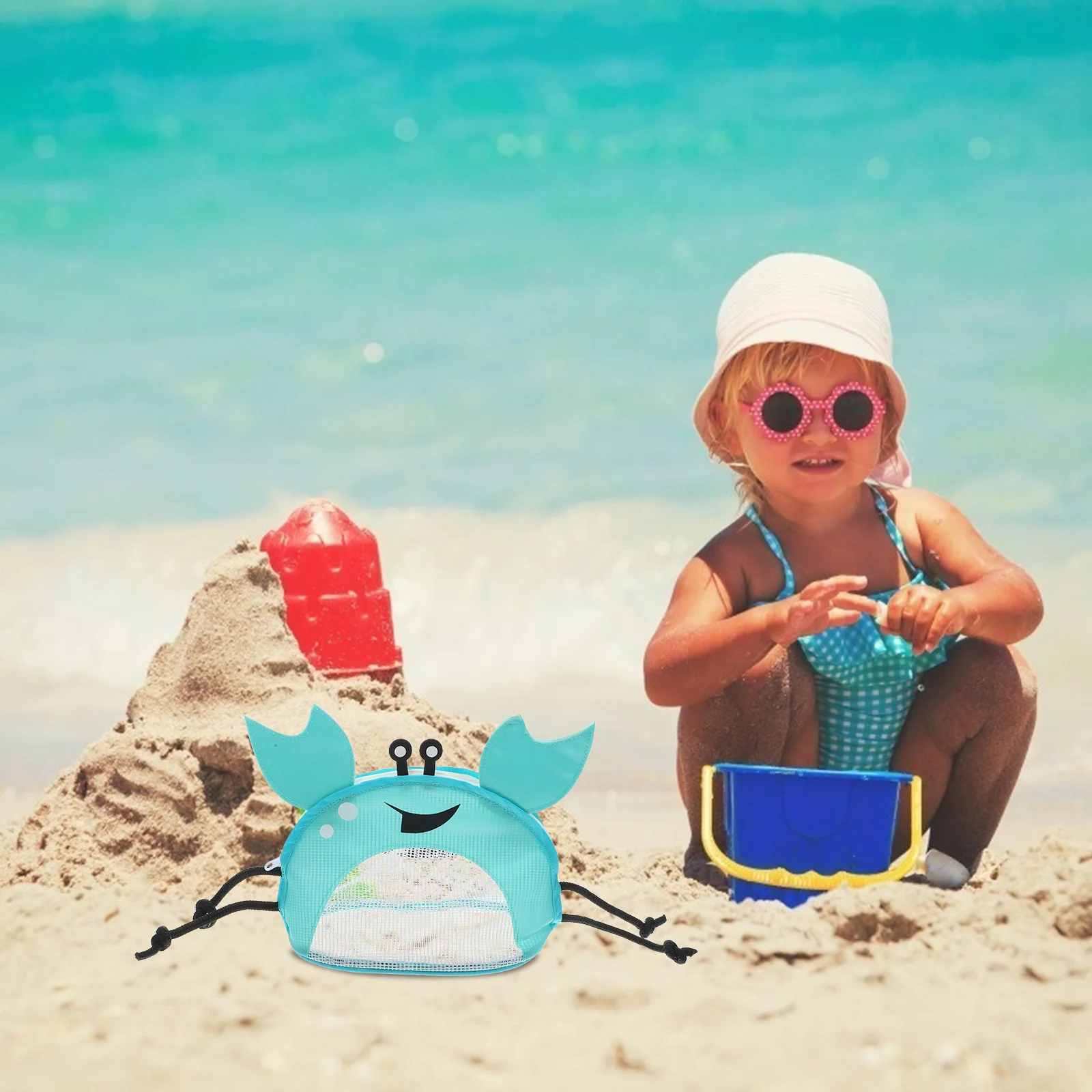 Crab Beach Bag Kids Shell Mesh Tote PVC Seashell Holder Blue Lightweight Portable Storage Toys Swimwear Sunglasses Goggles