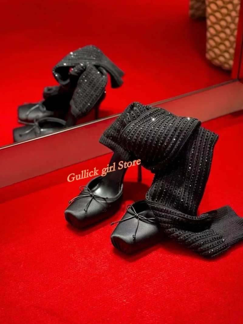 Red Knit Square Toe Boots Cut Out Stiletto Thin High Heel Elastic Fabric Runway 2026 Summer Women Boots Handmade Hot Sale Shoes view 2