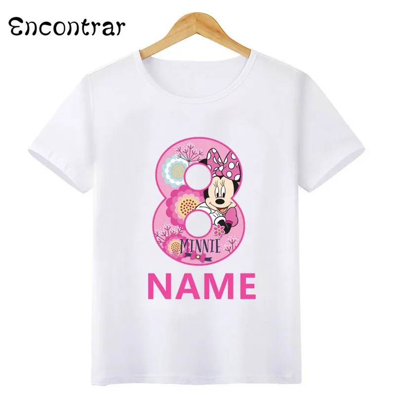 Disney Minnie Mouse Number Bow Graphic T shirt Kids Clothes 1 2 3 4 5 6 7 8 9 Years Birthday Baby Girls Party T-Shirts Boys Tops