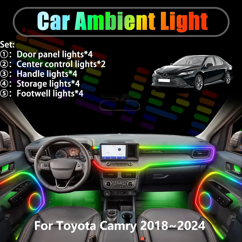

Для Toyota Camry 2018-2024 (2019 XV70 MK8) 2/18 в 1: Комплект светодиодной подсветки салона и багажника USB RGB с эффектом потока
