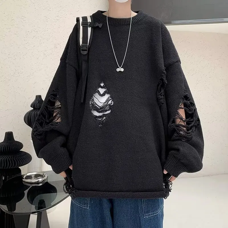 Neutral Minimalist Ripped Sweater Fashion Streetwear Loose O-neck Long Sleeve Knitted Pullovers Tops Hip Hop