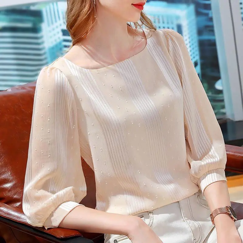 Women\'s Spring Fashion Simplicity Solid Color Square Collar Square Collar 3/4 Sleeve Shirts Women Clothes All-match Elegant Tops