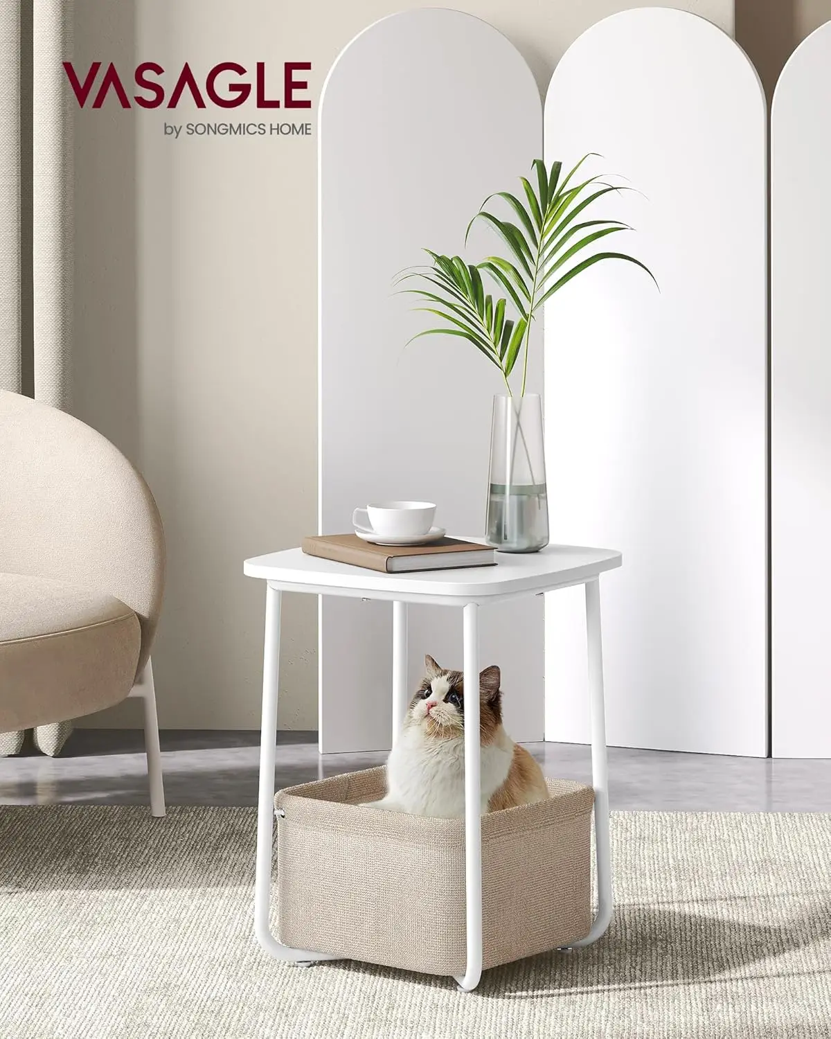 VASAGLE Side Table, End Table with Fabric Basket, Modern Nightstand, Square Bedside Table, for Living Room, Bedroom