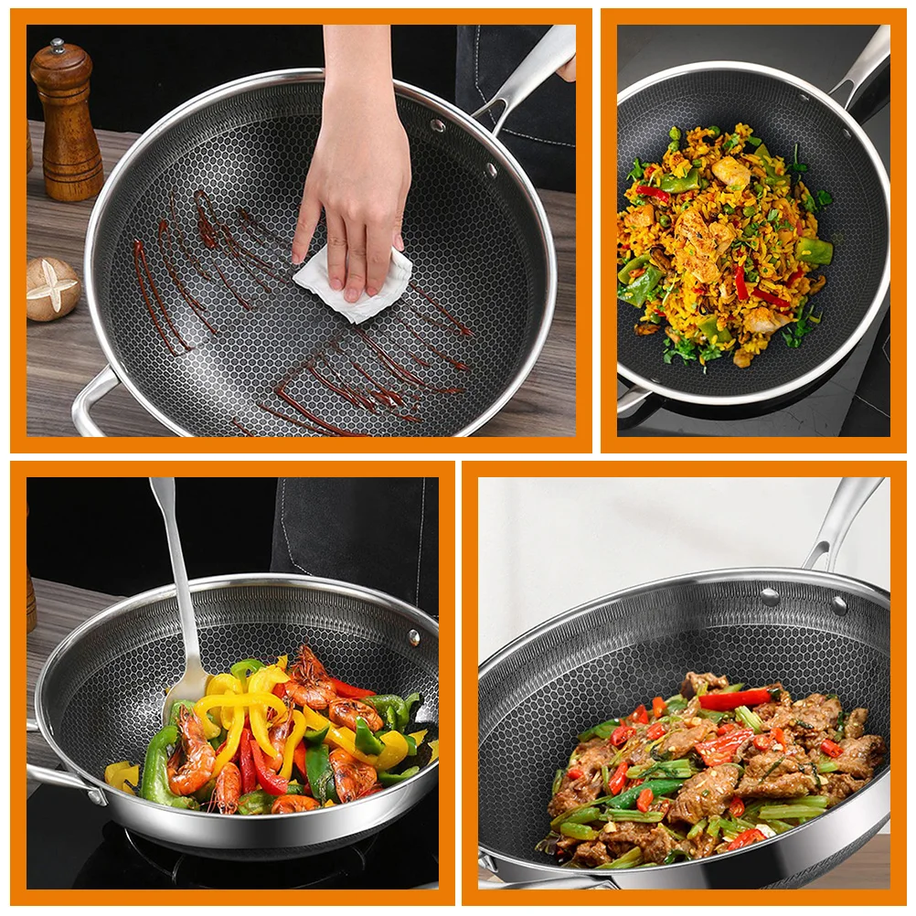 

Stainless Steel Wok 34cm Non Stick Honeycomb Frying Pan Kitchen Cookware Gas Stove Practical Chinese Cooking Pot