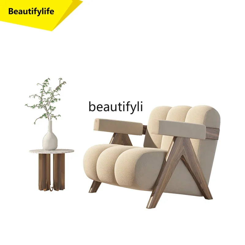

X188Silent Style Solid Wood Single Sofa Living Room Cream Style Balcony Leisure Designer Lambswool Bedroom Couch furniture