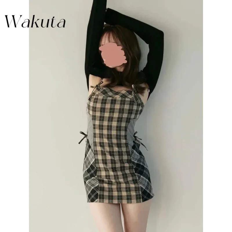 WAKUTA 일본 니치 레트로 격자 무늬 스플라이싱 투피스 원피스, 긴팔 웨이스트 패키지, 힙 스커트, 여성 의류