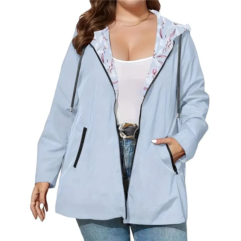 

A24F-Women Reversible Light-Weight Hooded Zip-Up Long Sleeves Jacket Casual Windbreaker Outerwear Waterproof