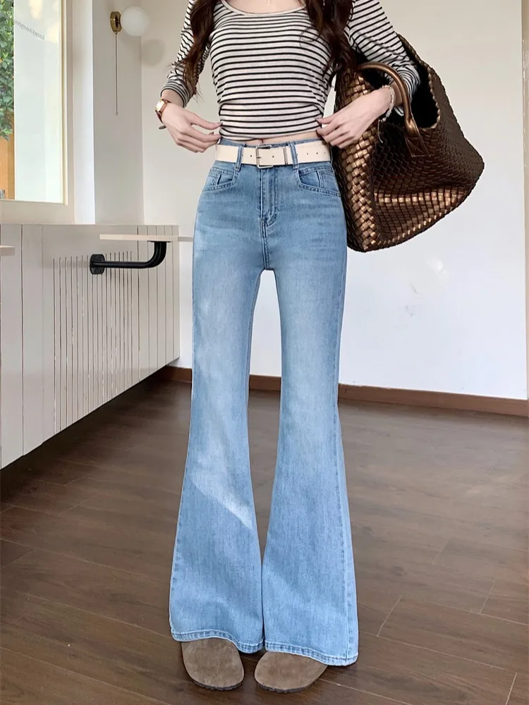 

Slimming High Waist Bell Bottom Blue Jeans Women's Fashion Spring Casual Washed out Distressed Long Trousers