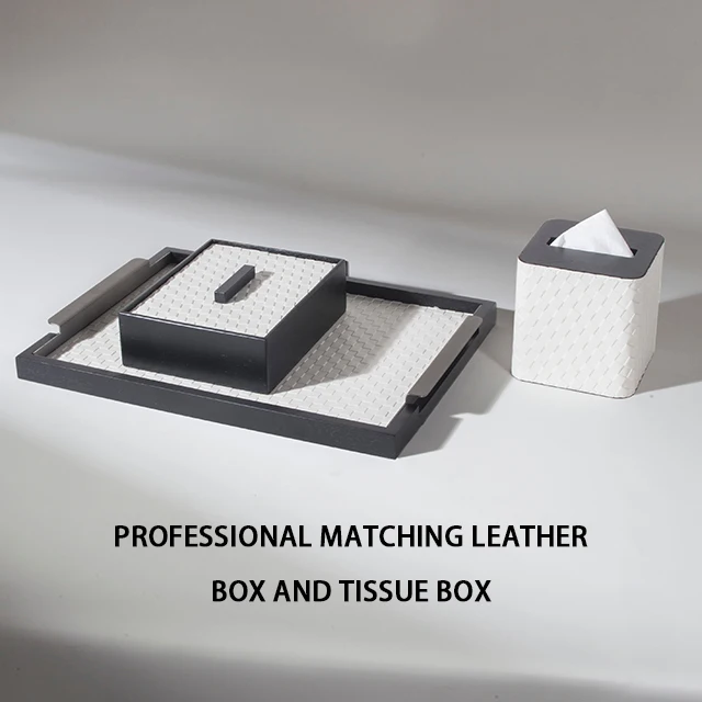 Custom Leather Serving Tray with Metal Handles Matching Storage Boxes and Tissue Boxes Decorative Ottoman Coffee Table Tray