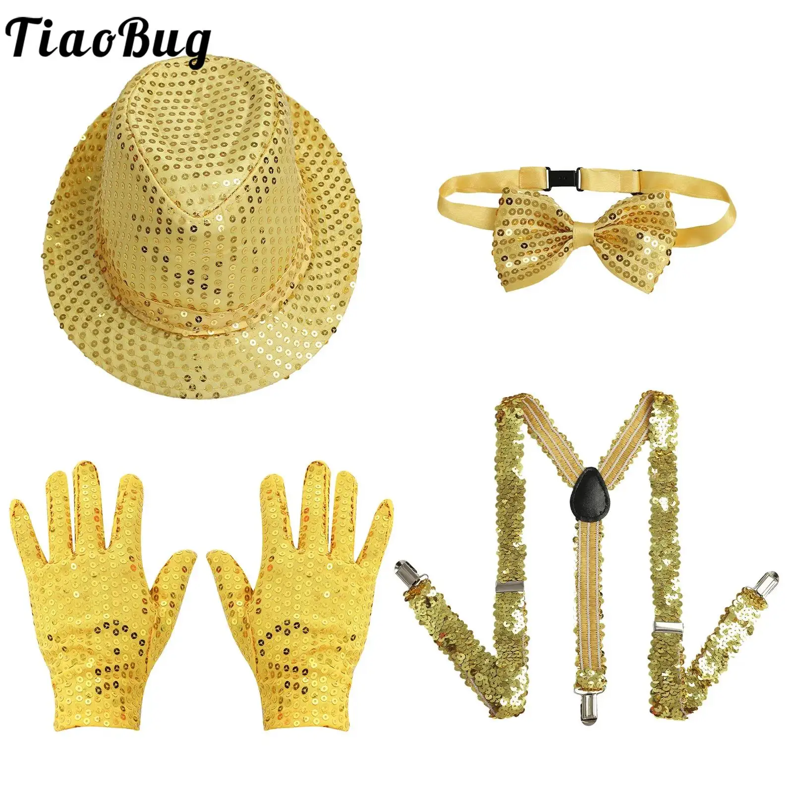 

Kids Sequin Jazz Dance Costume Accessories Fedora Hat Bowtie Necktie Gloves And Y-Back Suspenders Set Retro Disco Party Dress Up