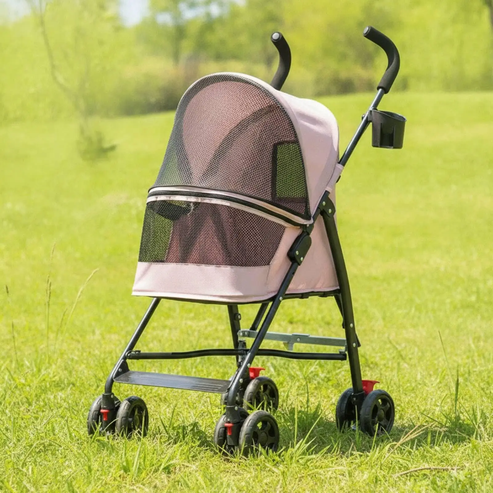 Pet Stroller for Small Dogs Cats Foldable 4 Wheels with Safety Rope & Storage Bag, Breathable Mesh Puppy Travel Carrier Stroller