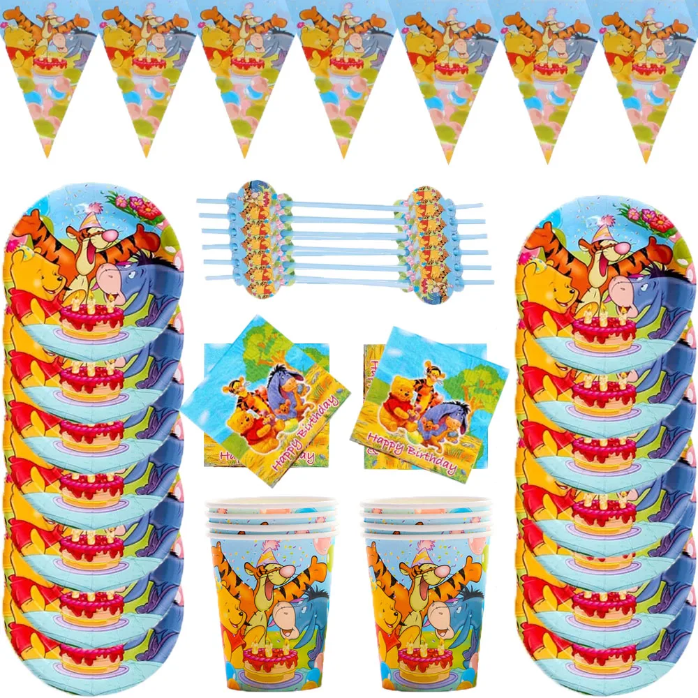 

57 Pieces Disney Winnie the Pooh Boys Birthday Party Disposable Cutlery Set Cup Plate Straw Banner Kids Birthday Party Decoratio