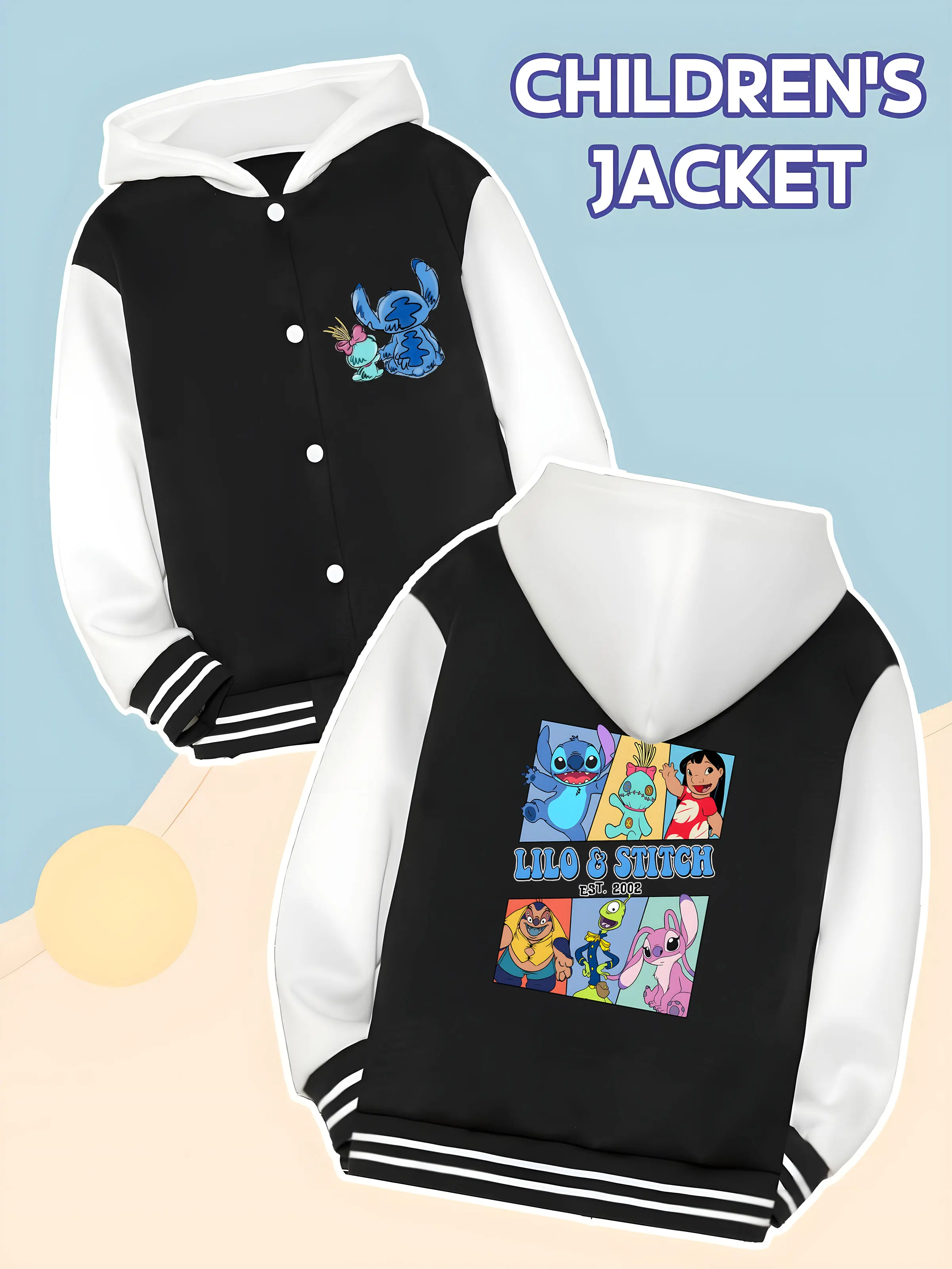 

MINISO Disney Stitch and Lilo Kids' Baseball Jacket-Stitch,Lilo,and Partner Prints, worn for daily school and outdoor adventures