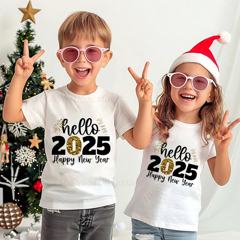 Hello 2025 Happy New Year Family Matching Outfits Dad Mom Kids Shirt Family Christmas T-shirt Holiday Party Family Shirt Clothes