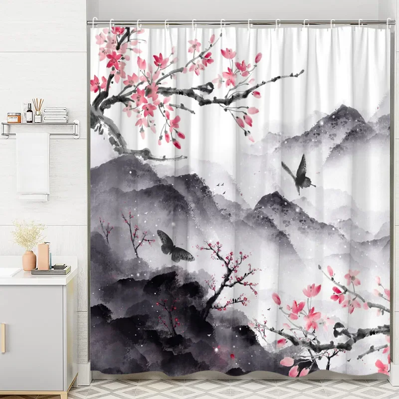 Japanese Shower Curtain, Traditional Ink Painting Cherry Blossom Mountain Butterfly Bird Cat Red Sun Boat Bathroom Decoration