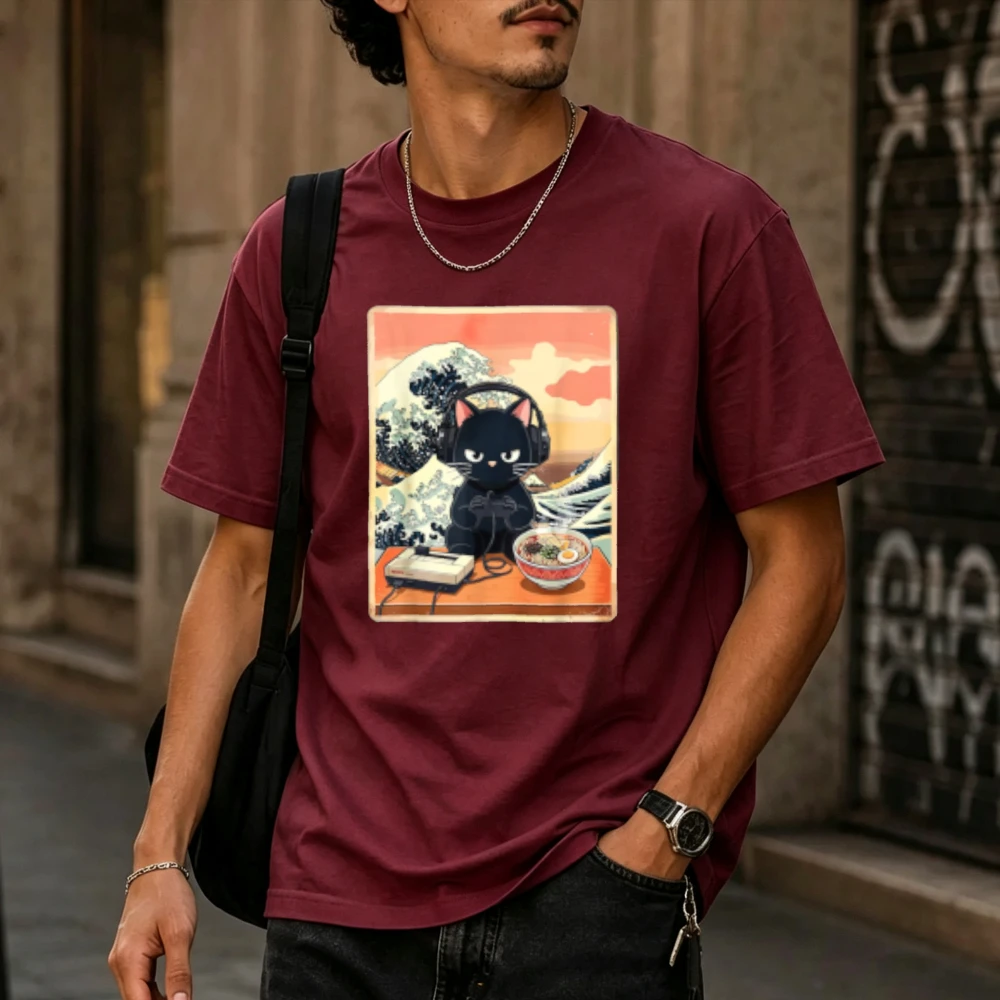 Vintage Japanese The Great Wave Black Cat with Headphone Ramen Graphic T Shirt Men Pure Cotton Short Sleeve Casual Streetwear