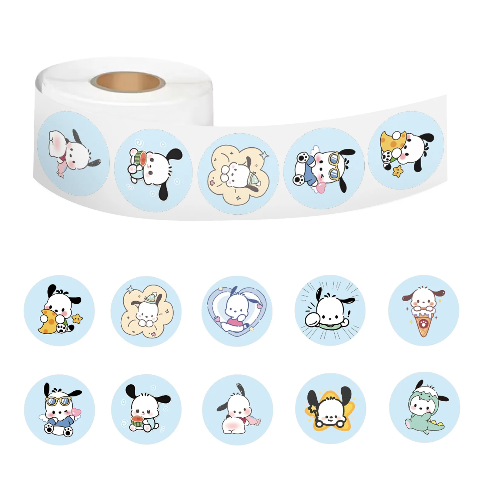 500Pcs/Roll Cute Sanrio Pochacco‌ Sealing Stickers Kawaii Dog Cartoon Roll Decal DIY Notebook Phone Guitar Scrapbook Kid Toys