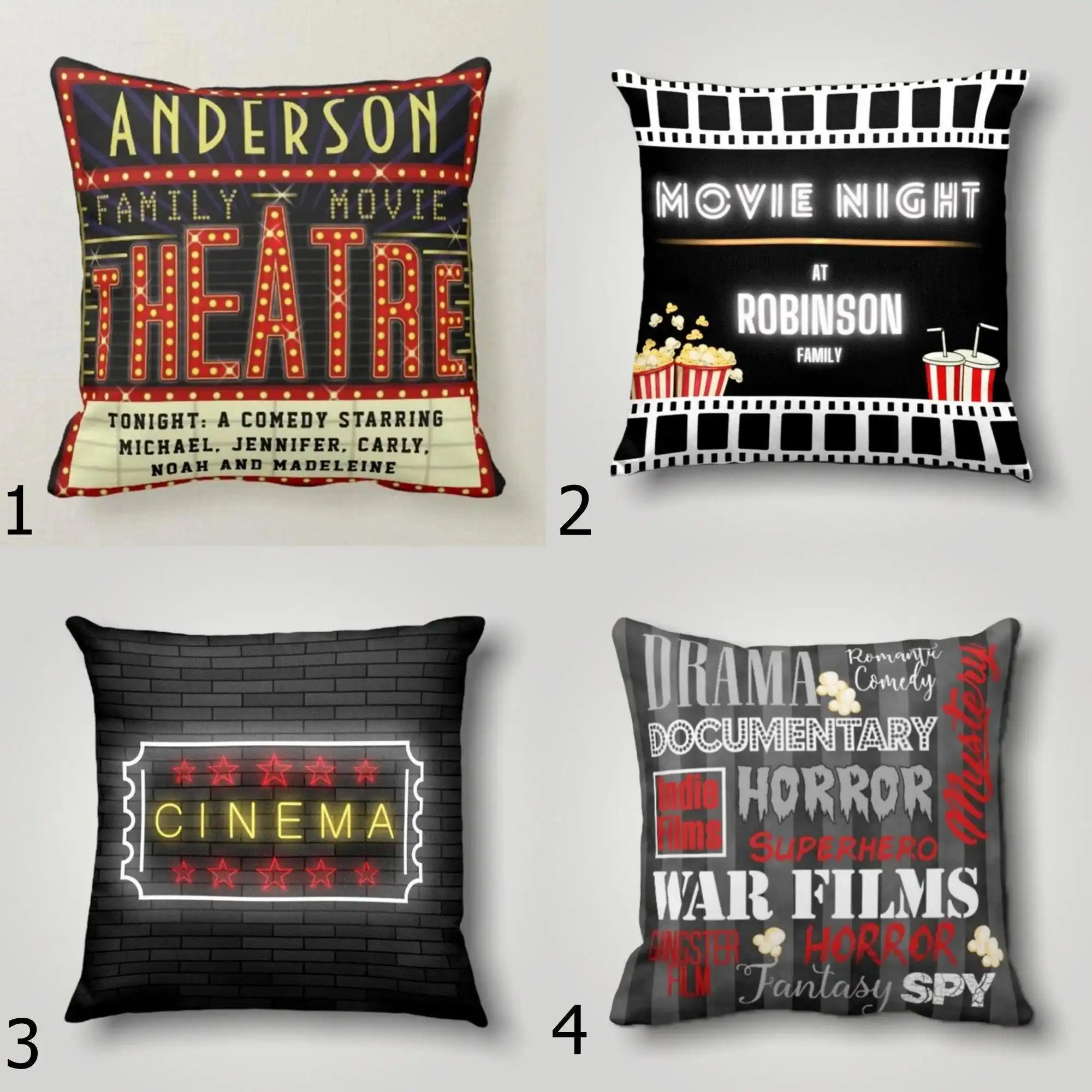 Movie Night Cinema Throw Pillow Cover, Popcorn Film Reel Print Decorative Cushion Case, Vintage Theater Style Pillowcase