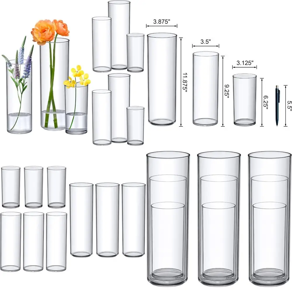

9-Piece Acrylic Cylinder Vase Set for Wedding Centerpieces and Home Decoration