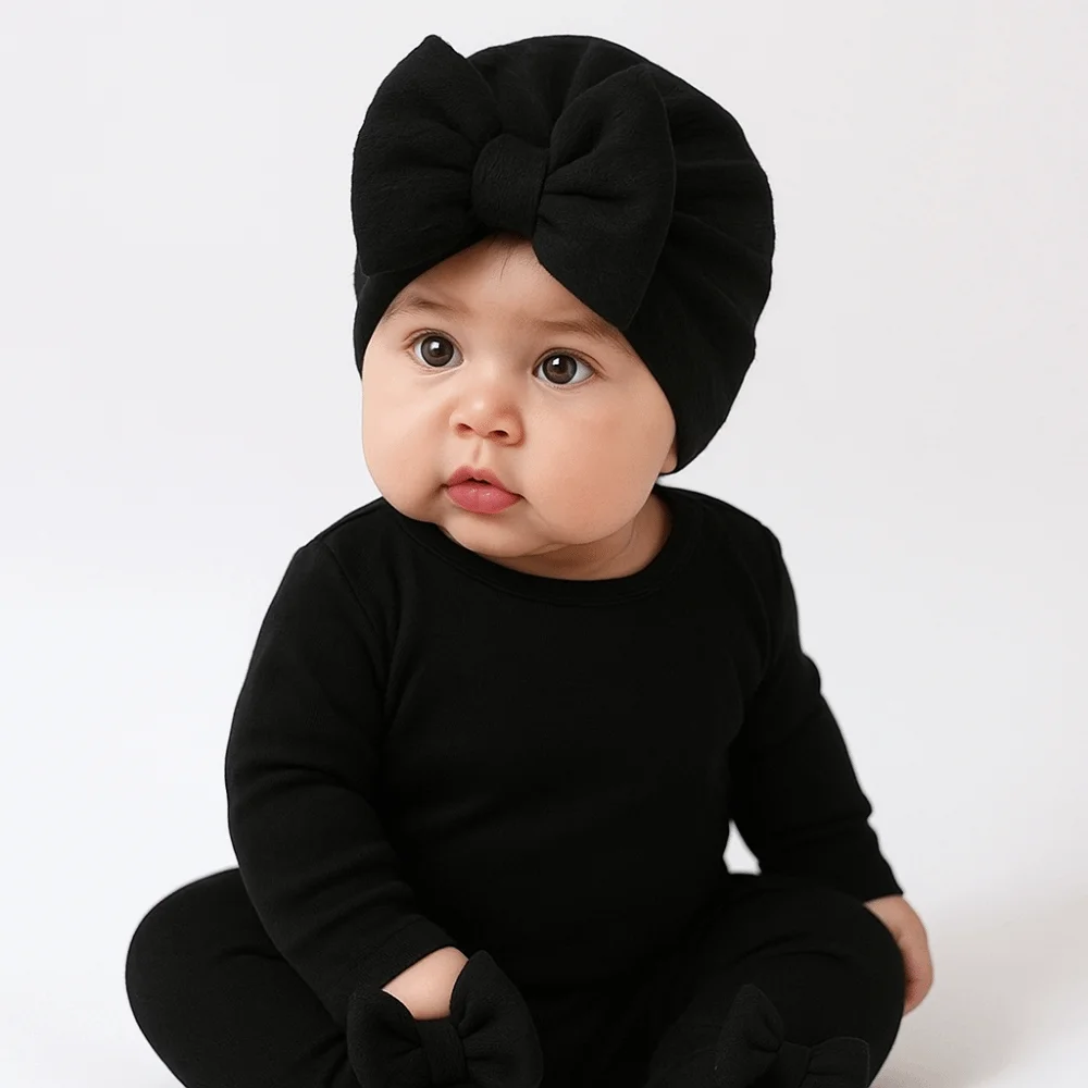 

Kid Soft Indian Cap Cotton Knit Baby Hat Socks Set 0-12 Months Elastic Baby Bow Fetal Cap Windproof Warm Newborn Turban Hat Baby