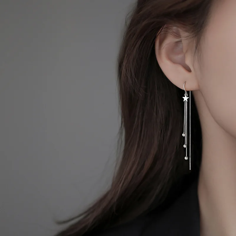 Designer 925 Sterling Silver Star Round Bead Long Tassel Dangle Earrings for Woman Exquisite Jewelry Accessories Gifts Colorfast