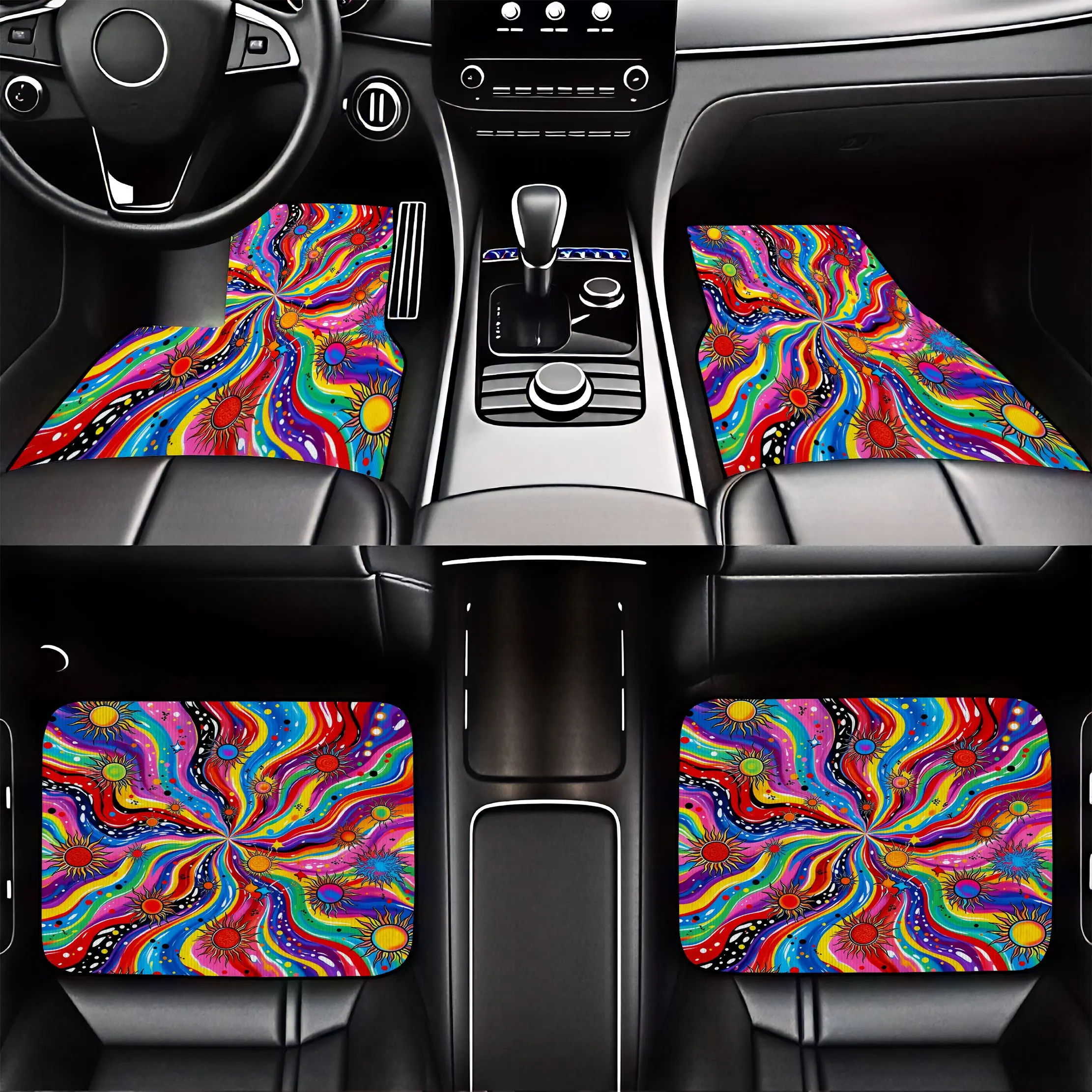 4pcs Colorful Psychedelic Swirl Pattern Crystal Velvet Car Floor Mats - Dust Resistant Durable Modern Art Style Suitable For Sed