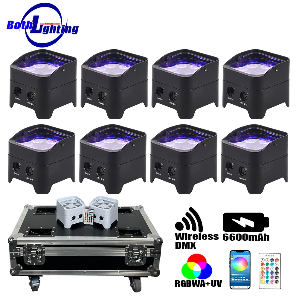 Bothlighting 8Pcs 6x18w Mini S6 uplighting RGBWA+UV LED Par Lights Battery And Rechargeable Flightcase Set For DJ Disco Bar Part