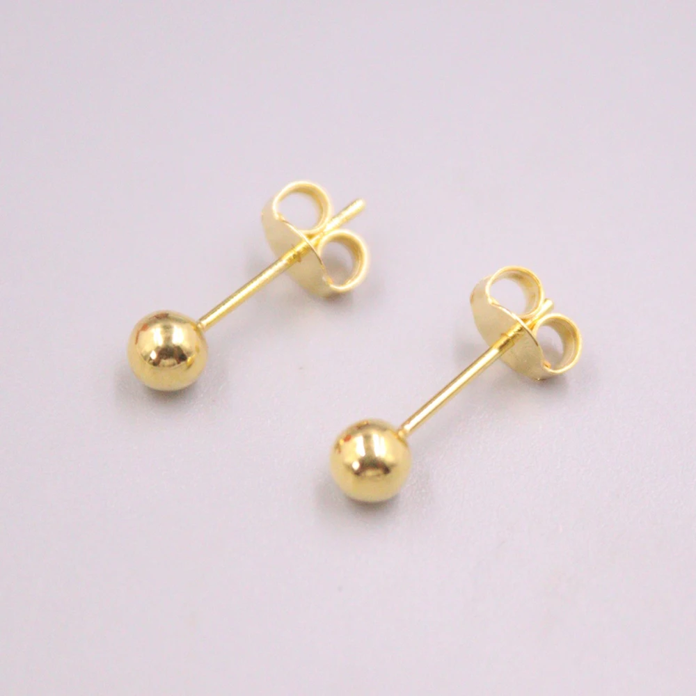 Real Pure 18K Yellow Gold Stud Women Lucky 4mm Glossy Beads Ball Earrings 1.05g