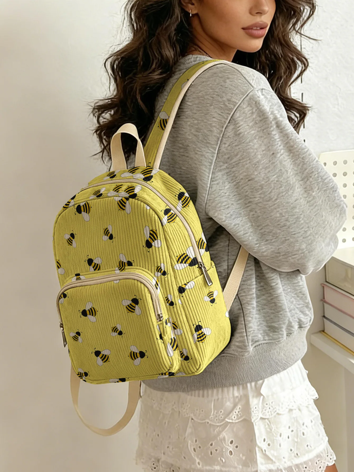 

Yellow Bee Allover Print Women Fashion Backpack Corduroy Multi-pocket Large Capacity Commuter Bag