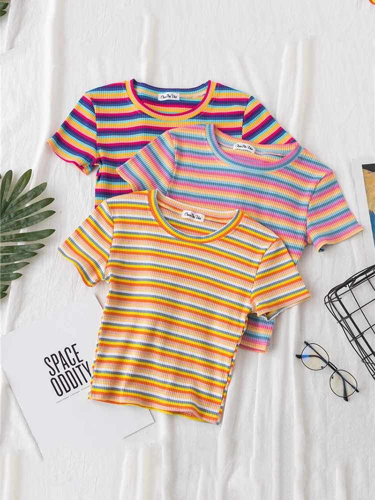 New T Shirt Women Rainbow Striped Tops Slim Fit t shirt Harajuku Tshirt Summer Short Sleeve Korean T-shirt feminina Clothes Tops