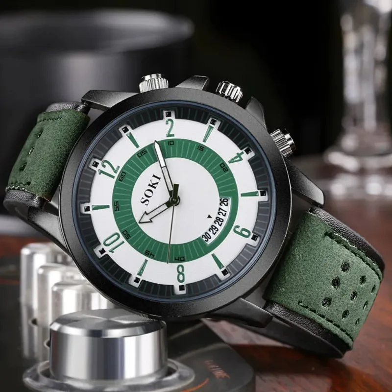 

Men's Watches Green Men Watch With Leather Strap Calendar Fashion Sport Mens Analog Quartz Wrist Watch Gift Set Reloj Hombre